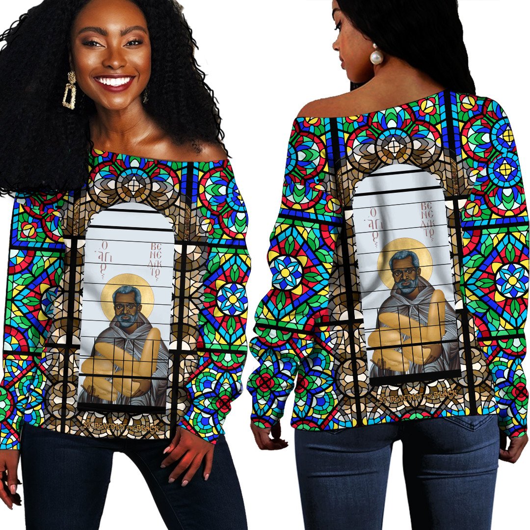 Saint Benedict Of The African On Stained Glass Women Off Shoulder Sweater Rlt13