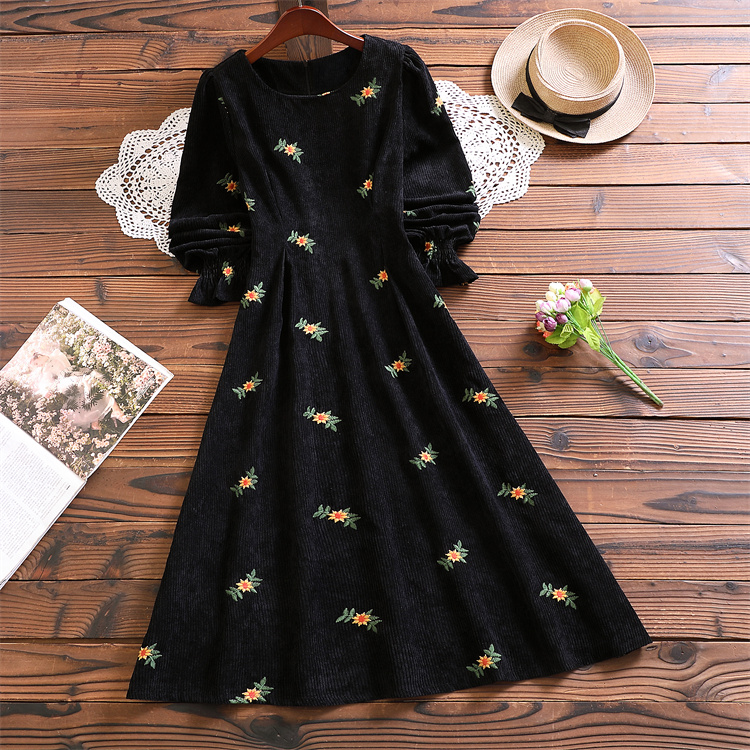 Spring autumn fashion elegant mori girl sweet vestidos mujer new arrival long sleeve floral corduroy dress alx