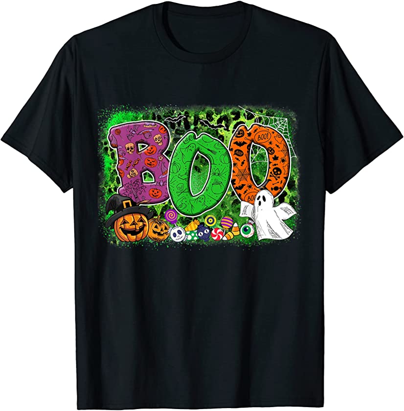 Boo Halloween Costum Spider Candy Pumpkin Witch Hat Bleached T-Shirt