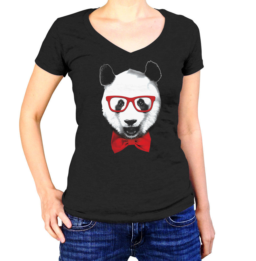 Women’S Fancy Panda With Glasses Vneck T-Shirt