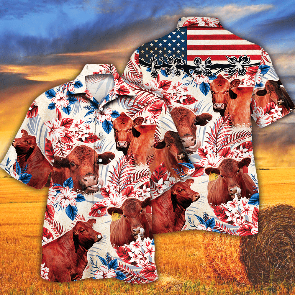 Red Angus Cattle Lovers American Flag Hawaii Cow Hawaii Shirt For Men Women Ha43296