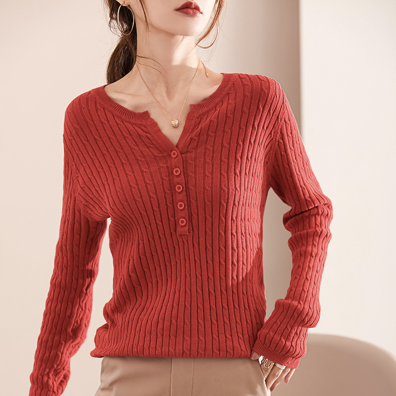 2021 Spring New 100%Cotton Long-Sleeved Sweater Women’ Knit V-Neck Large Size Retro Twist Pullover Fashion Slim Short Cotton Top alx