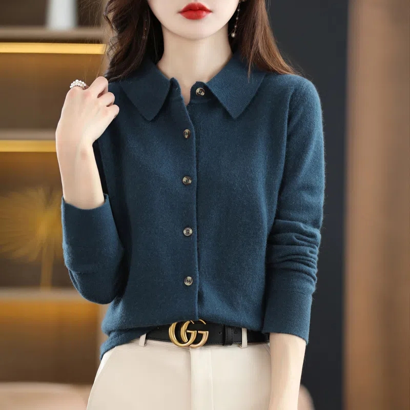 Women’s Long Sleeve Button Cashmere Sweater Cardigans for Women POLO Collar Shirt Outerwear Sweaters Female Knit Jacket Coat alx