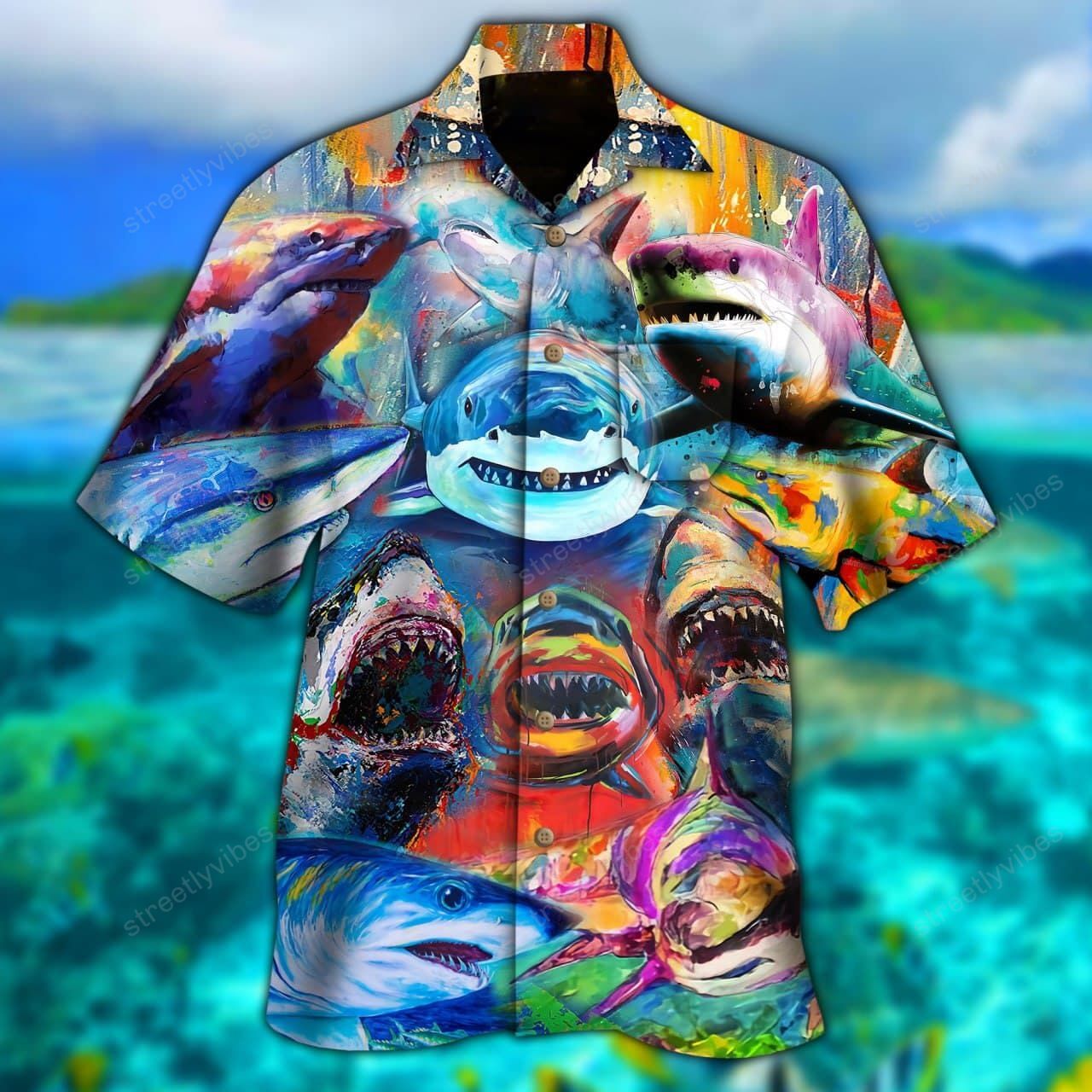 Sharks Colorful Just Wanna Have Fun Hawaiian Shirt Re