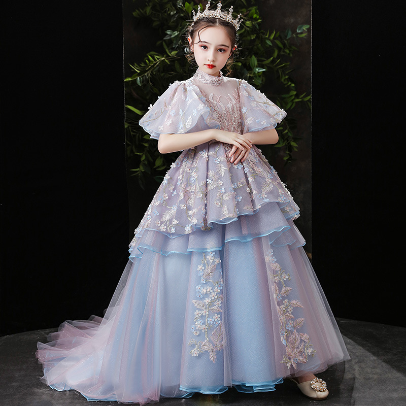 2022 Girls Long Trailing Prom Tulle Gowns Dress Bridesmaid Kids Clothe For Girls Children Princess Party Wedding Show Dresses alx