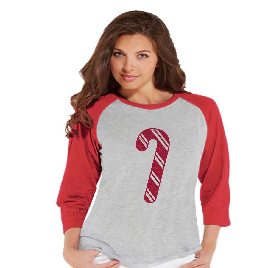 Women’s Christmas Shirt – Candy Cane Shirt – Mom Christmas Present Idea – Family Christmas Pajamas – Red Raglan Tee – Christmas Gift Idea