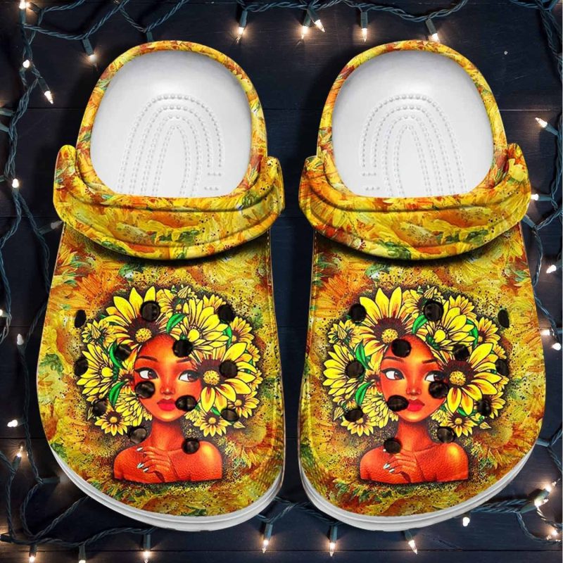 Sunflower Black Girl Hair Flower Shoes Clogs – Black Queen Sunflower Outdoor Shoes Clogs