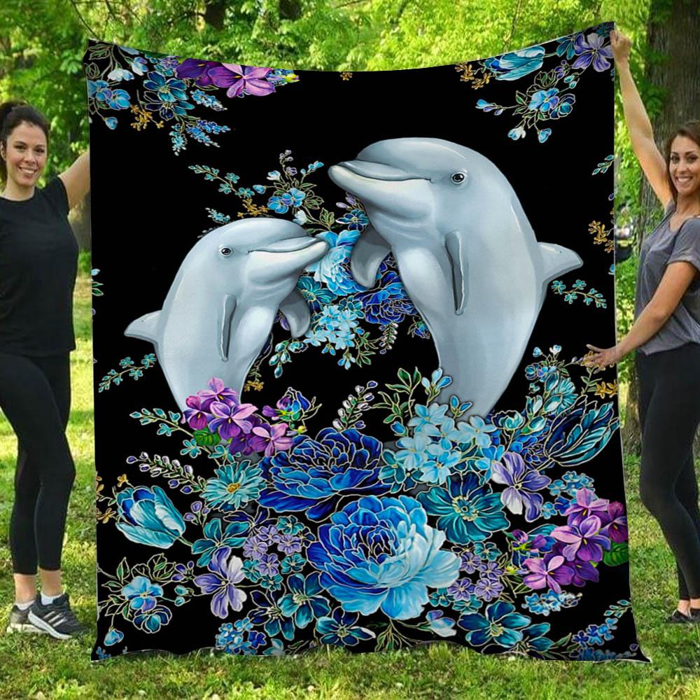 Dolphins Flowers  Gift – Fleece Blanket