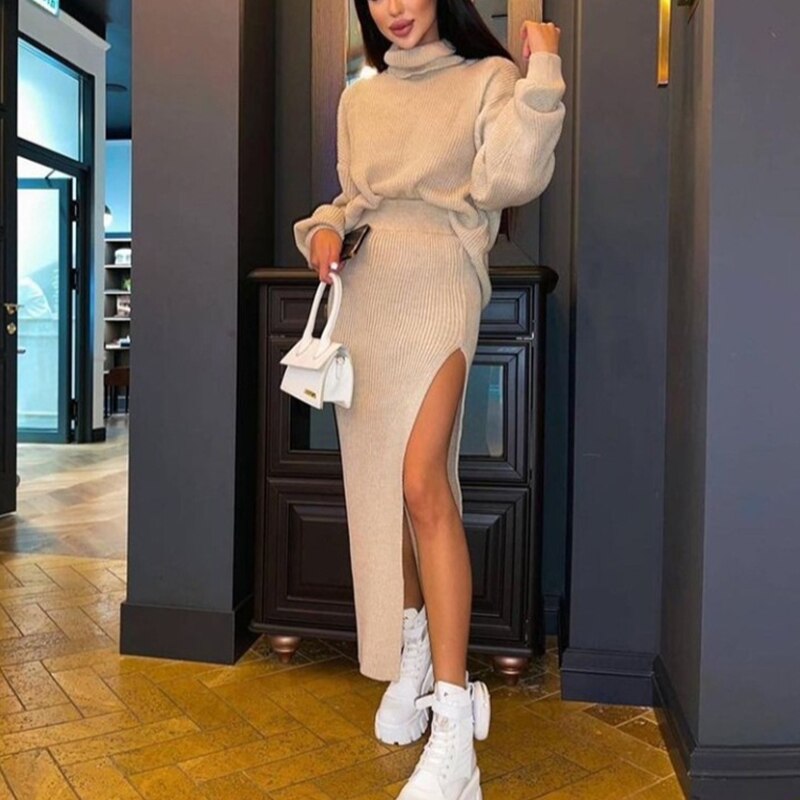 2022 Knitted Midi Skirt Dress Set Women Matching Set Casual Turtleneck Sweater Top and Split Skirts Winter Two Piece Set alx