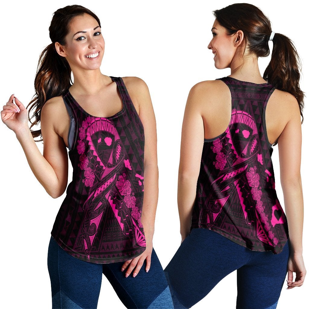 Hawaii Map Heart Ribbon Cancer Hibiscus Pink Polynesian Racerback Tank Ah Ha36036