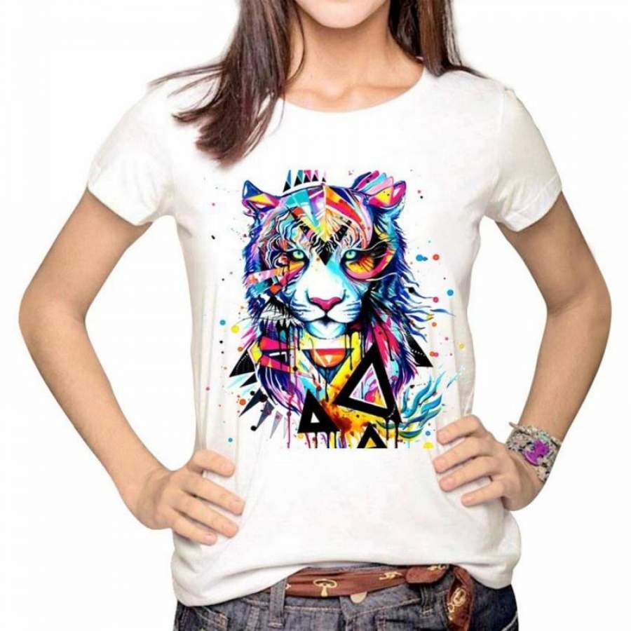 Colorful Tiger Print Tops For Summer Women Casual T-Shirt White Short Sleeve Tees