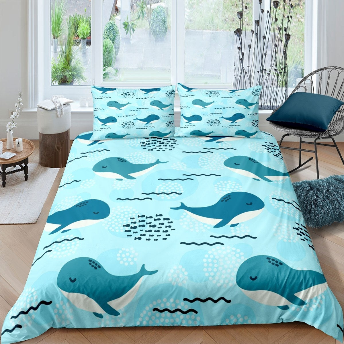 Cartoon Whale Bedding Set Kids Boys Girls Marine Life Ocean Wave Duvet Cover Child Sea Animal Print Comforter Cover Sealife Bedspread Cover,Room Decor 2/3Pcs Bedding