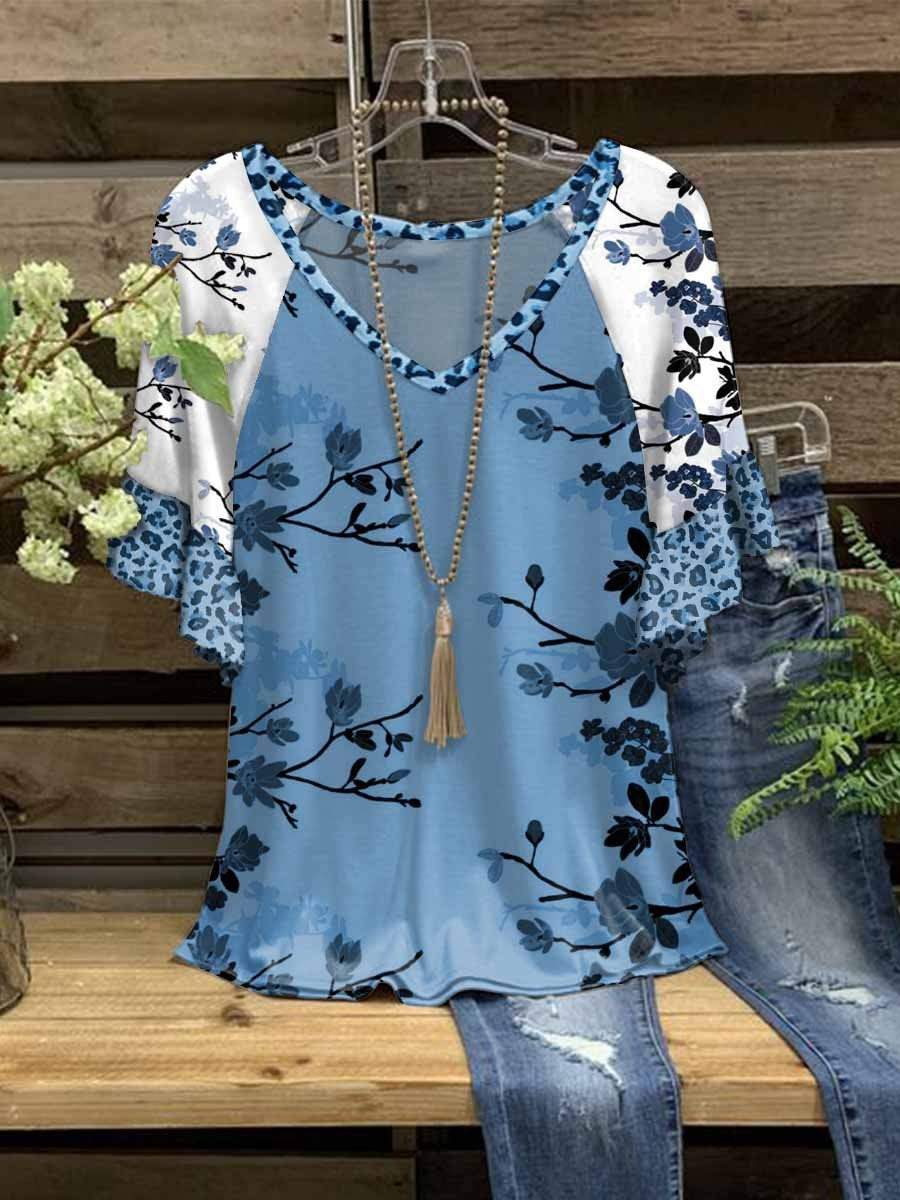 Women’S Floral Leopard Printed V-Neck Top