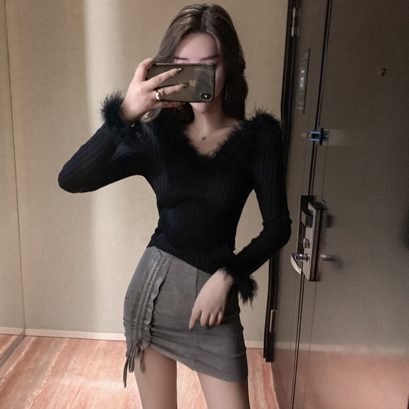 Women’s Back Lace-up Sexy Sweater Plush Stitching Large V-neck Long-sleeved Knit Bottoming Sweater Top Ladies Club Tops ML259 alx