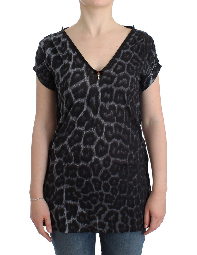 Cavalli Gray Leopard V-Neck Top