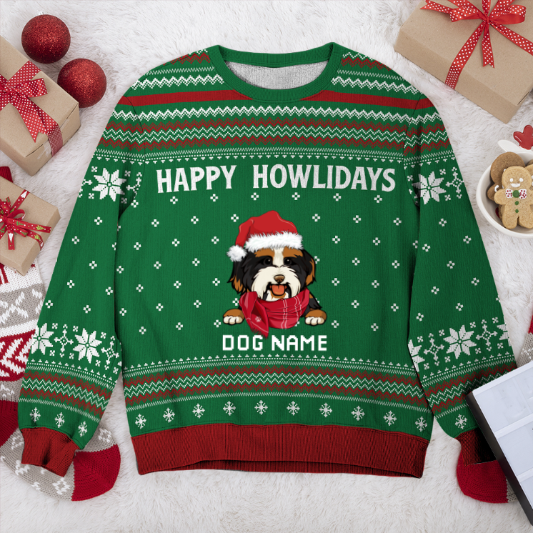 Bernedoodle Happy Howlidays Personalized Sweater, Dog Ugly Christmas Sweater