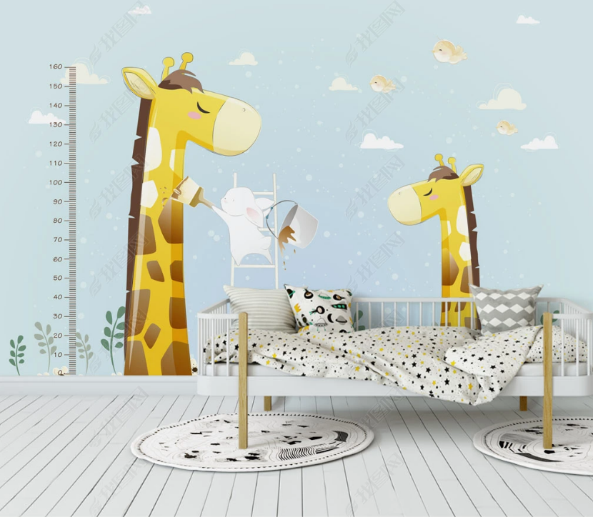 3D Cartoon White Bunny Yellow Giraffe Animal Sky Cloud Background Wall Mural Wallpaper Lxl