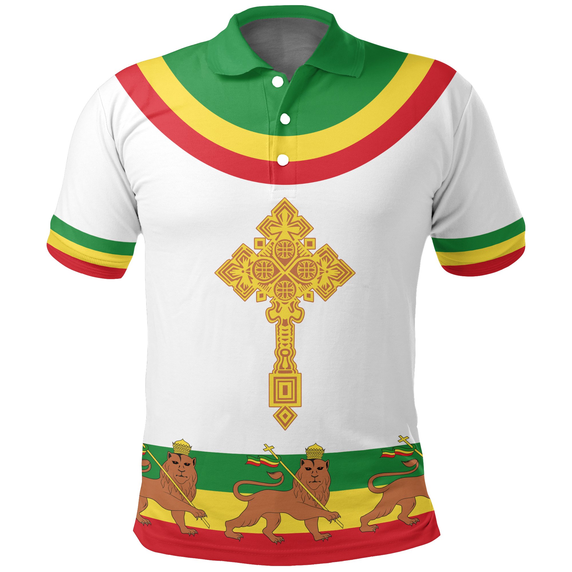 1stTheWorld Ethiopia Polo Shirt Cross Flag Lion White A10