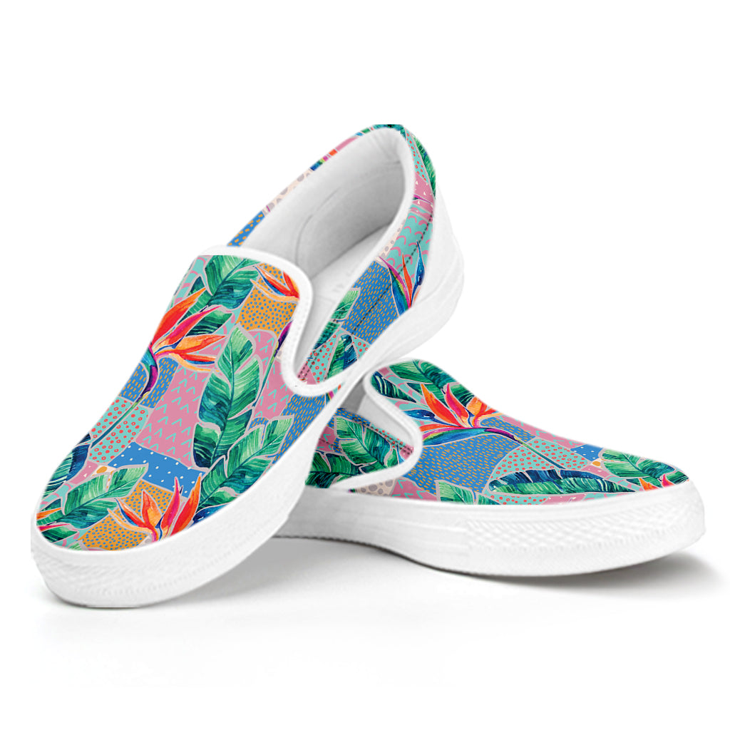 Watercolor Tropical Patchwork Print White Slip On Shoes