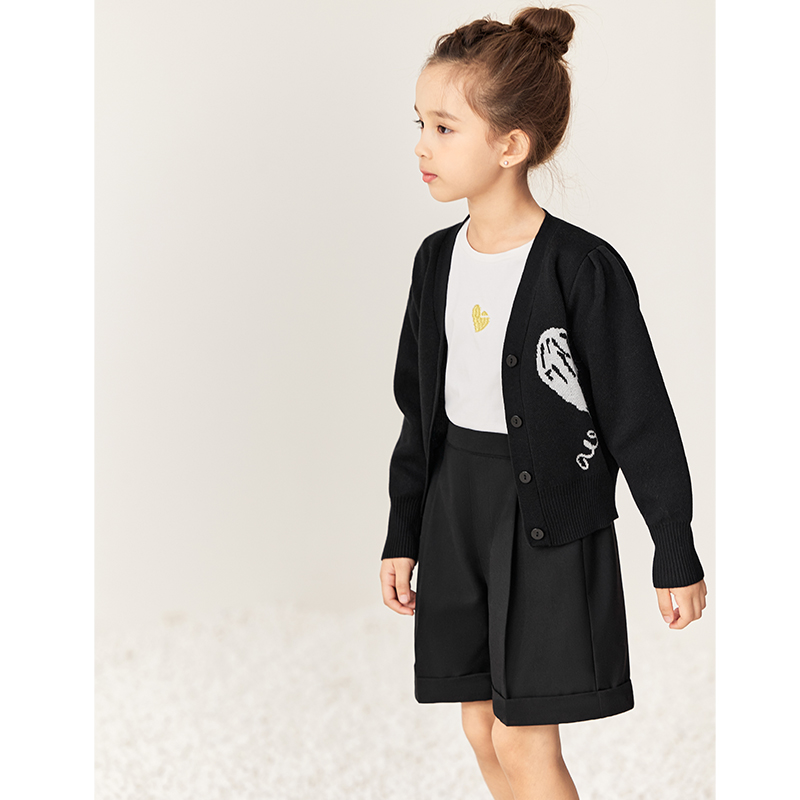 Amii Kids Knitted Cardigan for Girls 3-12y Autumn 2022 Casual Puff Sleeves Vneck Heart Design Sweater Children Clothing 22260002 alx