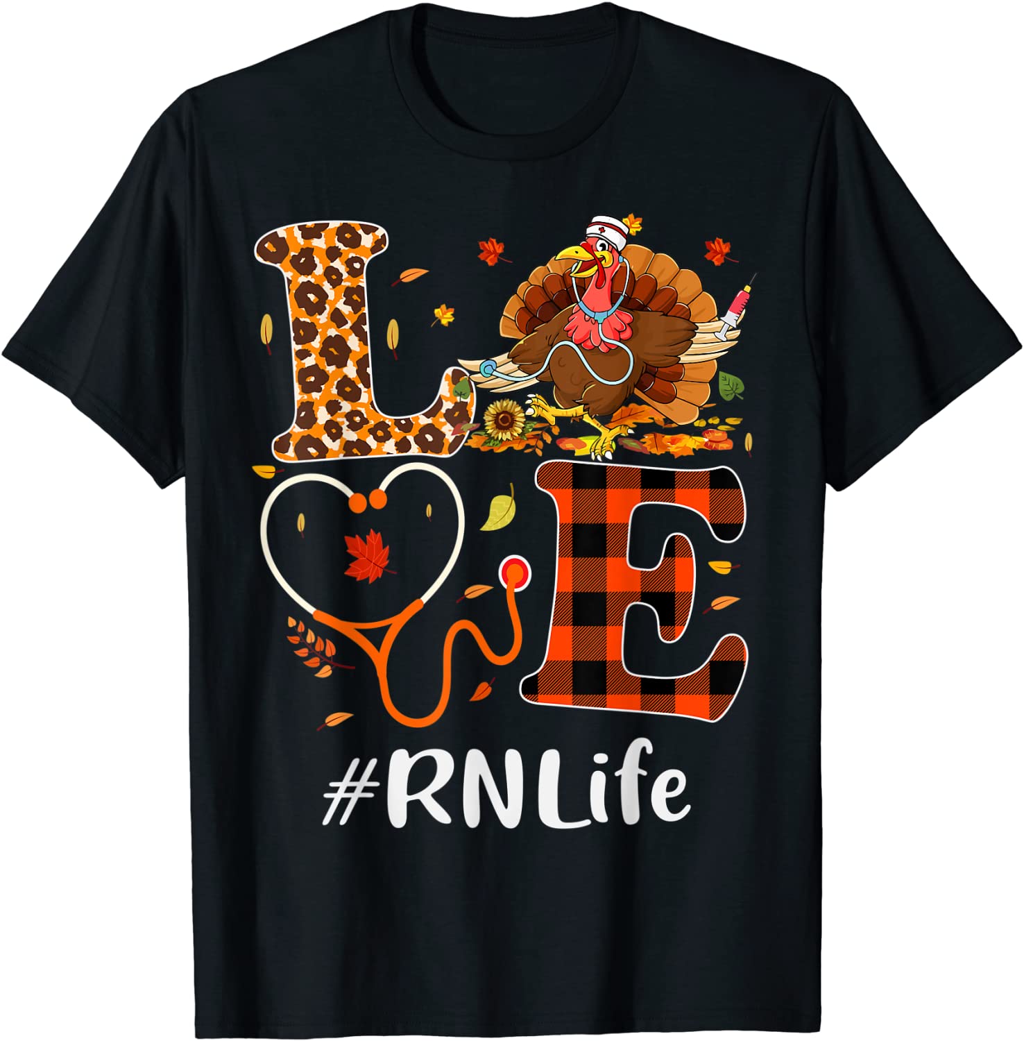 Rn Registered Nurse Love Thanksgiving Leopard Funny Turkey T-Shirt