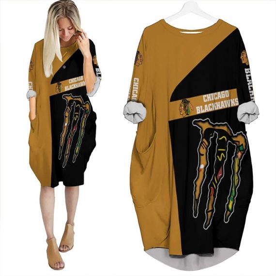 Monster Energy Chicago Blackhawks 3D Batwing Pocket Dress Womens Oversized Loose Dress