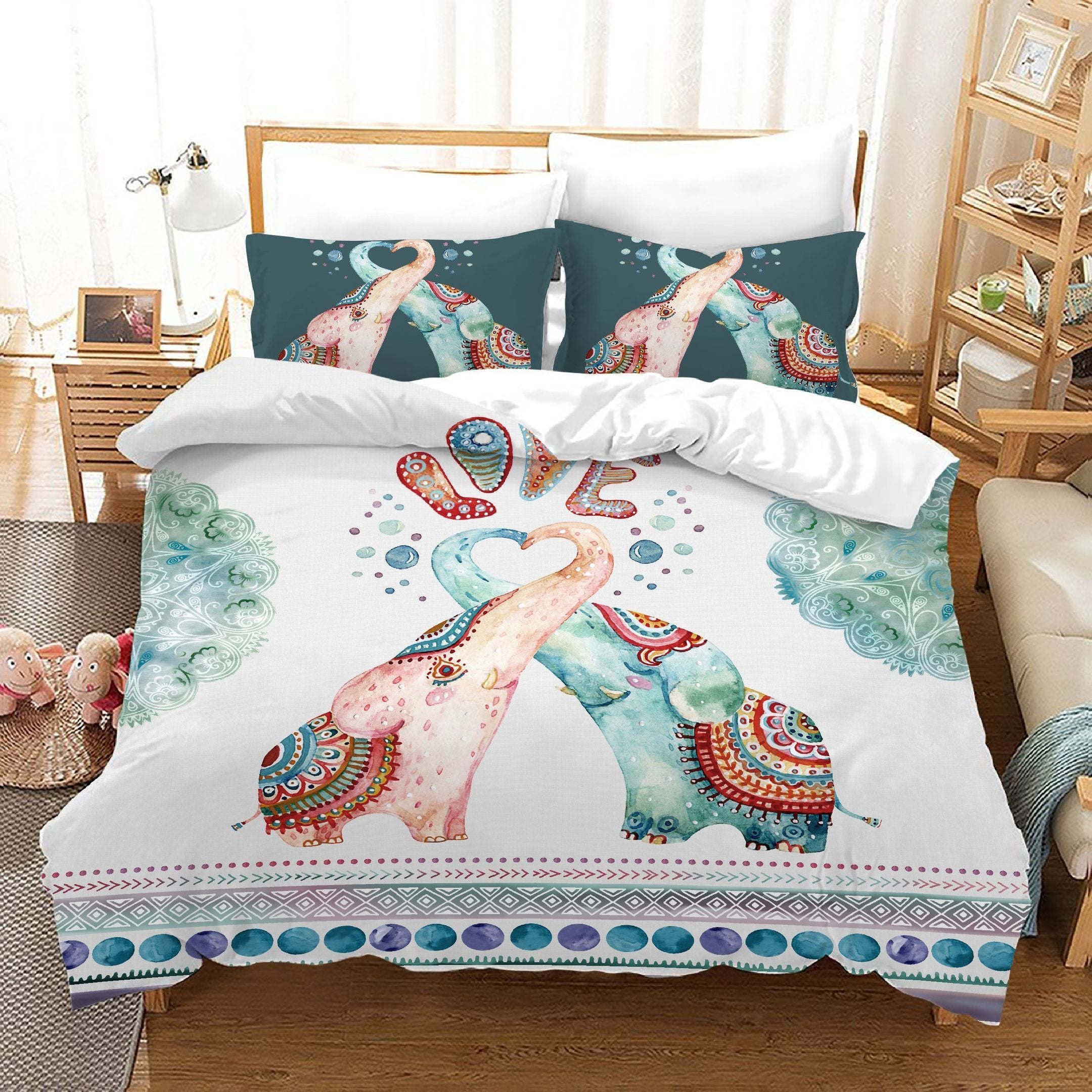 3D Watercolor Bohemia Floral Elephant Bedding Set Bedroom Decor