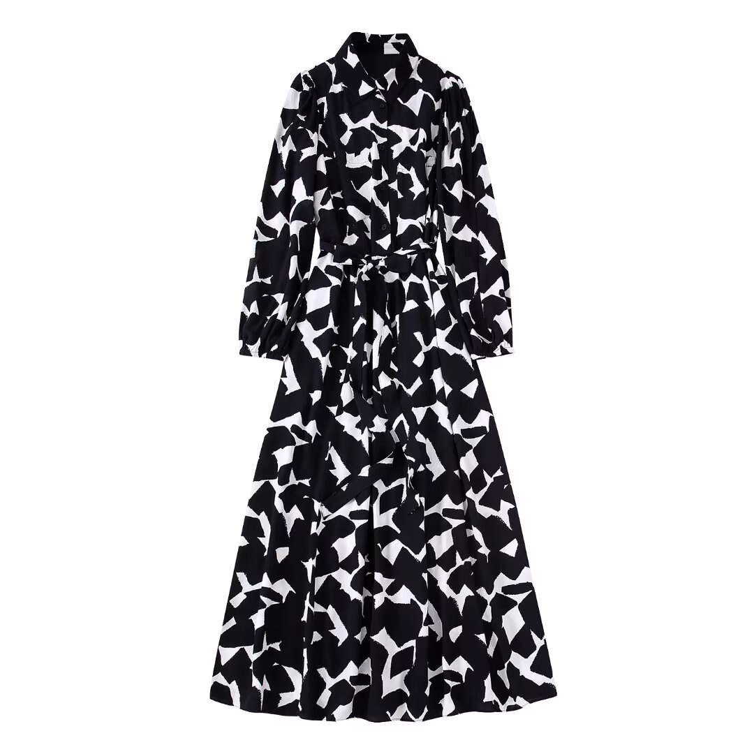 Zevity New Women Vintage Graffiti Print Casual Slim Sashes Midi Shirt Dress Female Chic Long Sleeve Business Vestidos DS2061 alx