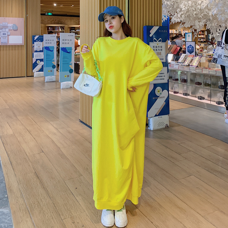 2020 Autumn Maxi Dress Women Big Size Irregular Batwing Long Sleeve Loose Casual Dresses Orange Yellow Wrinkle Design Koreant alx