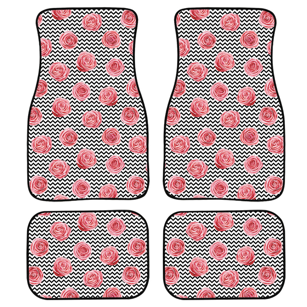 Pink Rose Zigzag Pattern Print Front And Back Car Floor Mats, Front Car Mat