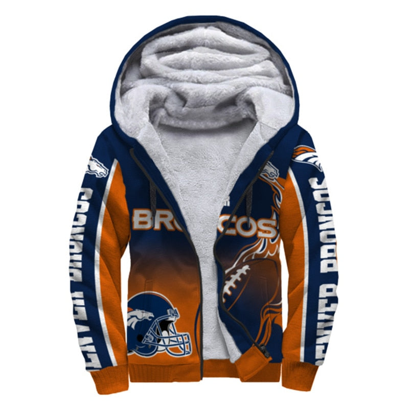 Denver Broncos Fleece Jacket Printed Ball Flame 3D