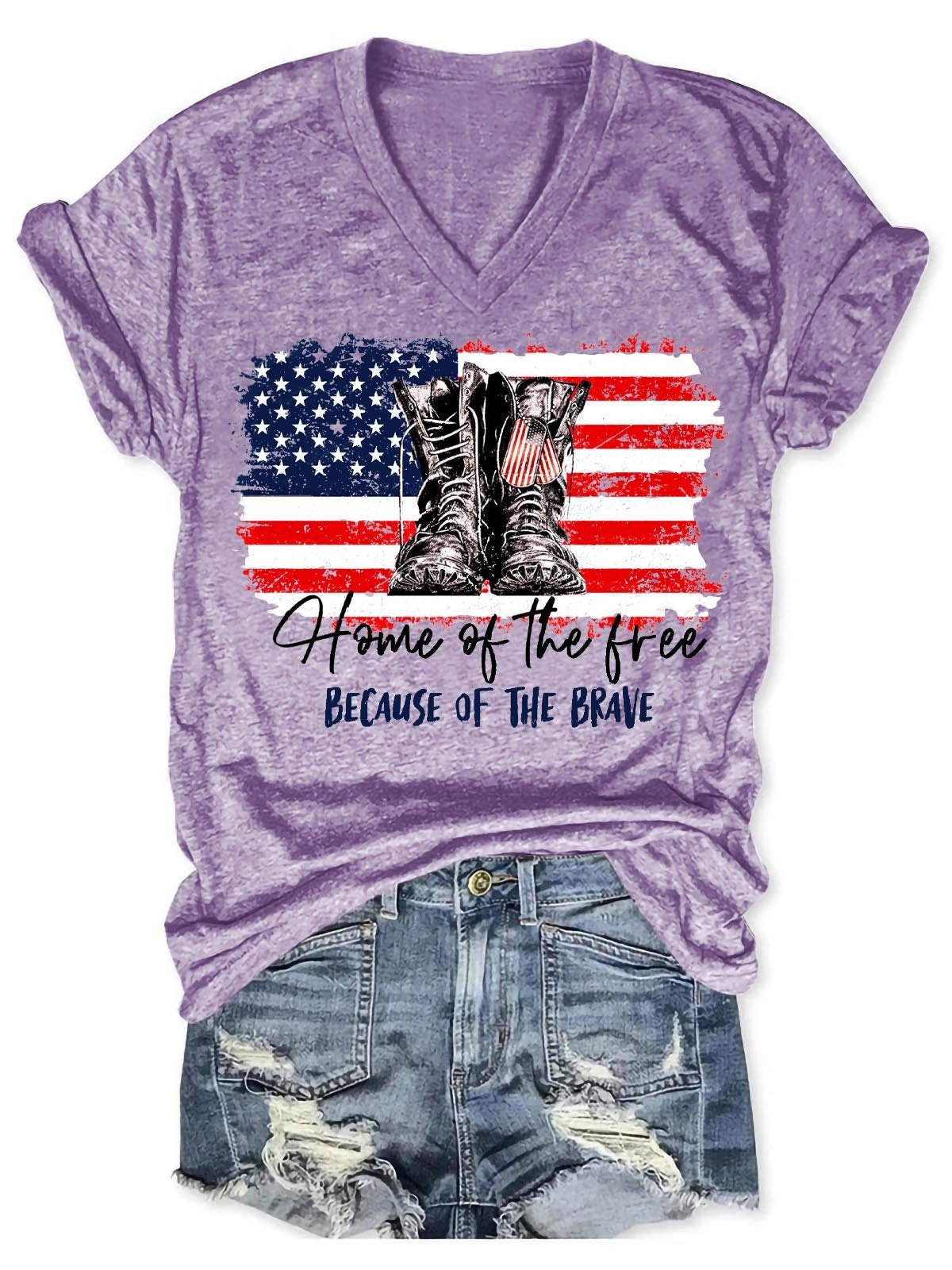 Women’S Home Of The Free Because Of The Brave Veteran Military V-Neck T-Shirt