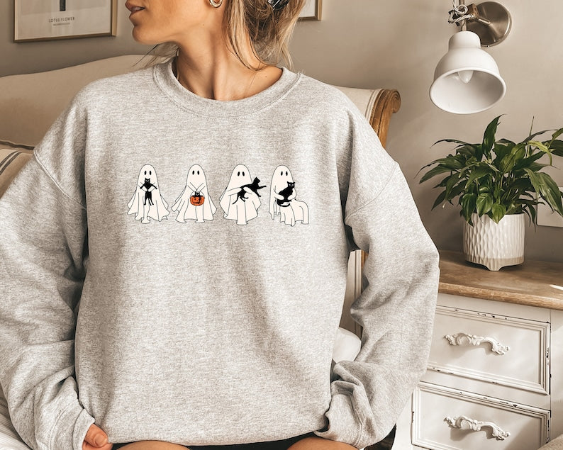 Ghost Holding Black Cat Halloween Crewneck Sweatshirt All Over Print Sweatshirt For Women Sweatshirt For Men Sws0005