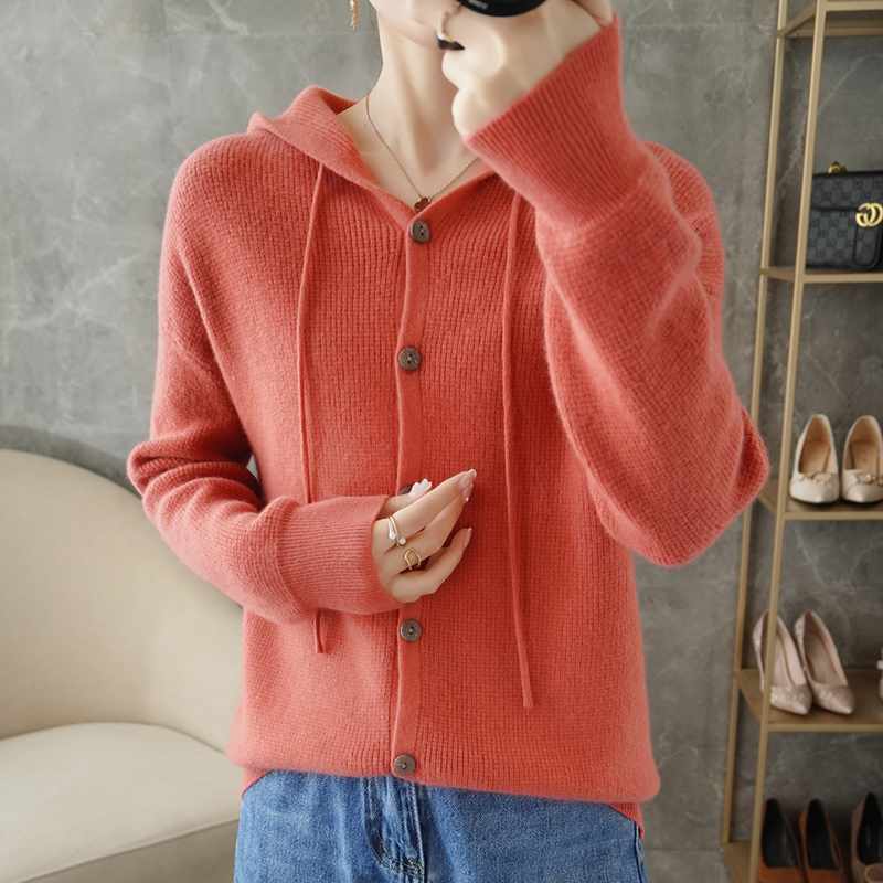 2022 New 100% Australian Wool Hooded Wool Cardigan Women’s Outerwear Knitwear loose Outerwear alx