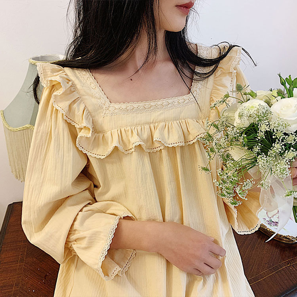 Women Retro Princess Sweet Sleepwear Vintage Nightgown Loose Square Collar Gown Long Sleeve Nightdress For Spring Autumn alx