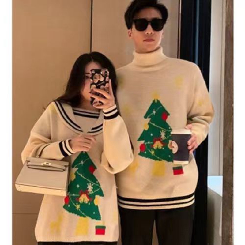 Autumn and Winter Couple Knitwear Men’s Turtleneck Pullover Women’s Crewneck Sweater Christmas Cartoon Christmas Tree Sweater alx