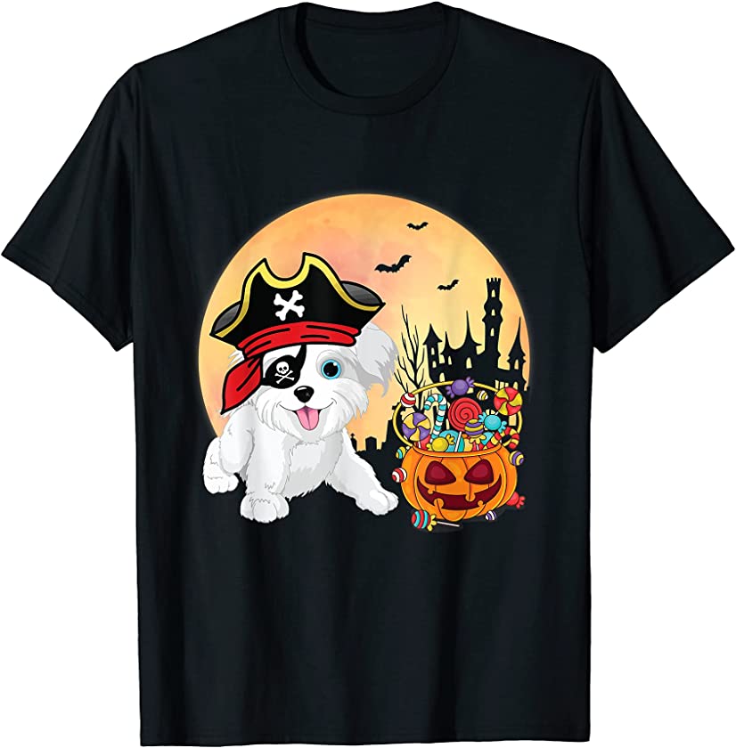 Morkie Dog Pirate Costume Pumpkin Candy Happy Halloween Day T-Shirt