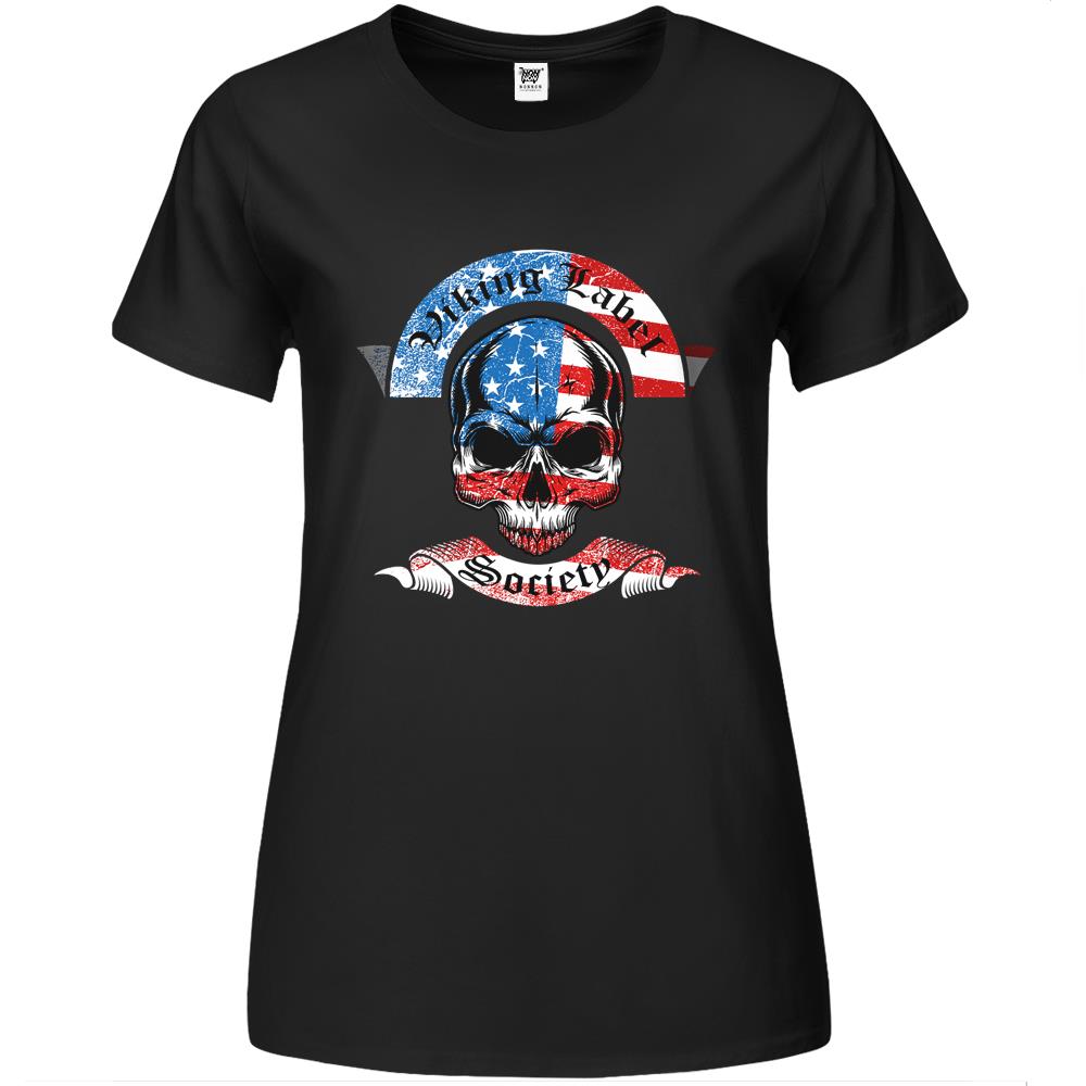 Viking Label Society American Flag Skull Premium Womens T Shirts