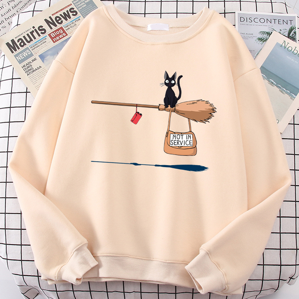 Cute Cat Not In Service Print Hoodies Women Casual Crewneck Sportswear Fleece Warm Fleece Sweatshirt Loose Hoody Autumn Clothes alx