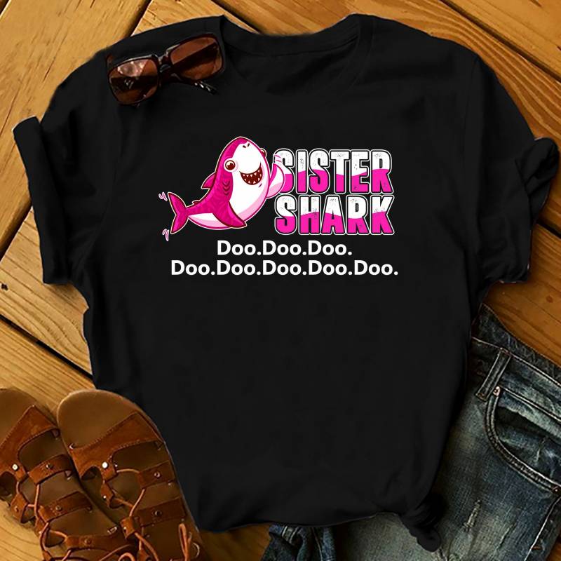 Crushtee Sister Shark Doo Doo Doo Doo Family Shirts Men, Woman Birthday T Shirts, Summer Tops, Beach T Shirts Long Sleeve Hoodie