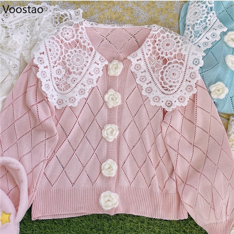 Sweet Lolita Style Knitted Cardigan Women Kawaii Lace Peter Pan Collar Floral Button Loose Sweater Coat Girls Harajuku Knitwear alx