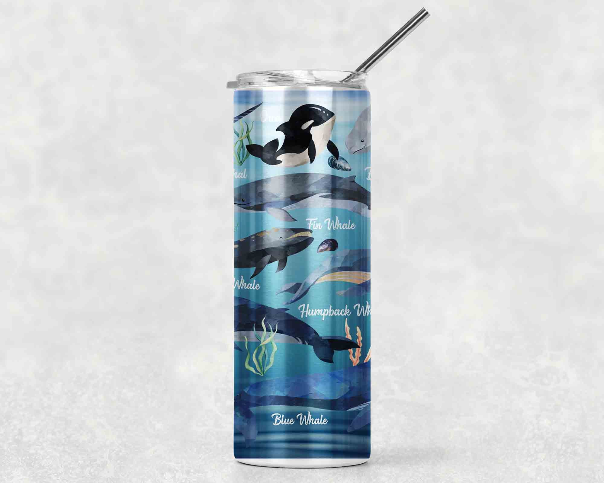 Whale Tumbler With Stainless Steel Straw Skinny Tumbler Watercolor Illustrated Whales Gift Idea Travel Mug Cold Hot Vacuum Lid