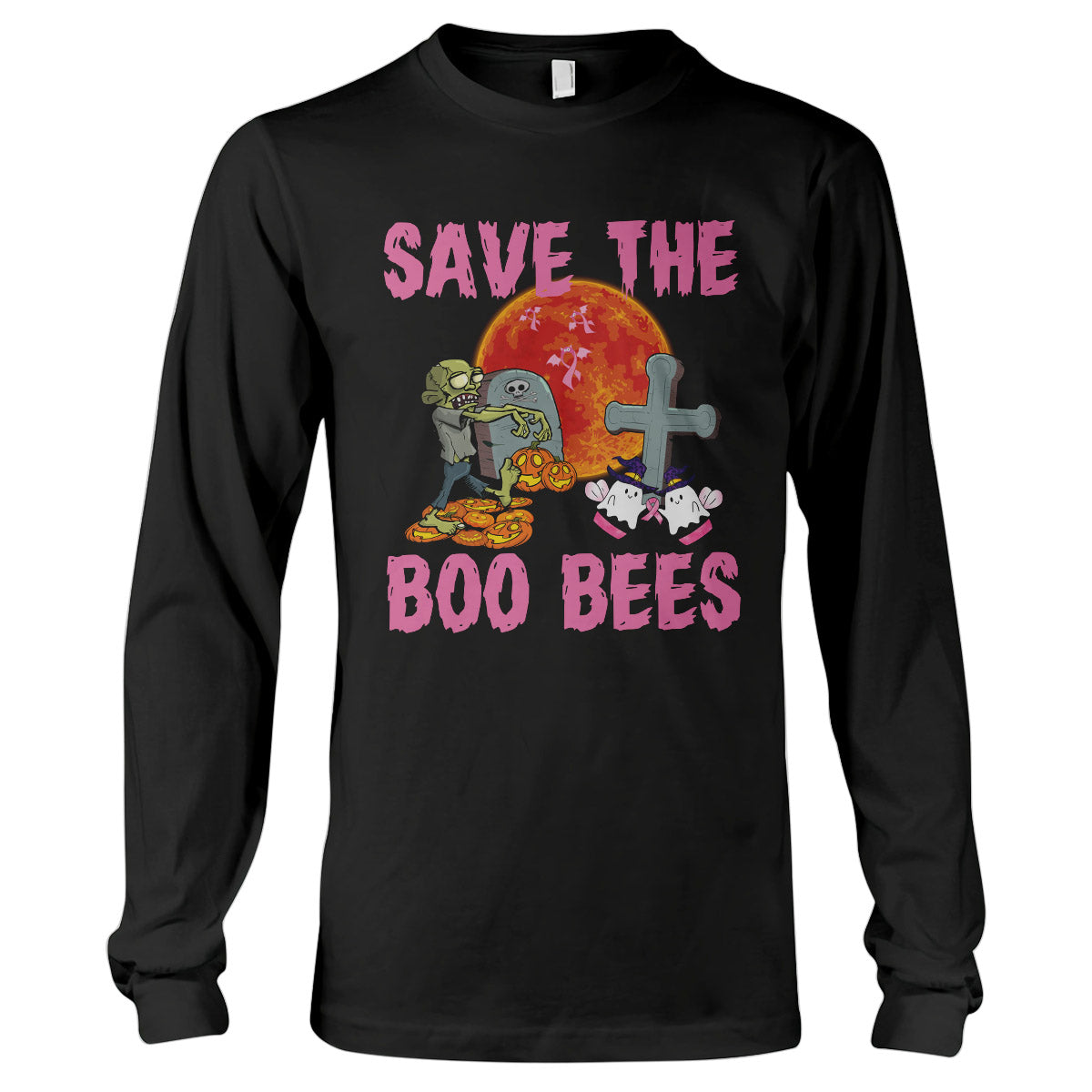 Save The Boo Bees Halloween Breast Cancer Awareness Shirt, Breast Cancer Awareness Month Long Sleeve T-Shirt