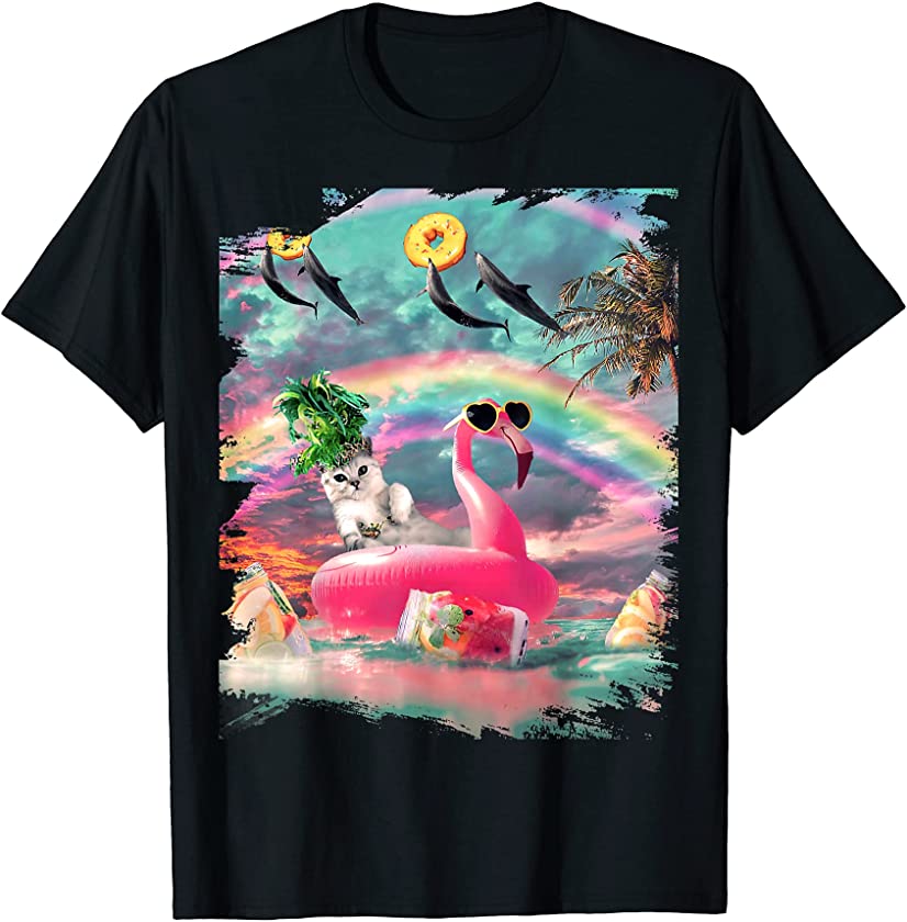 Cute Rainbow Cat On Flamingo With Dolphin T-Shirt