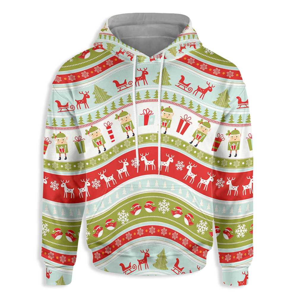 Christmas Elf Ugly Sweater Pattern All Over Print Hoodie, Santa’S Helper & Reindeer Hoodie Graphics