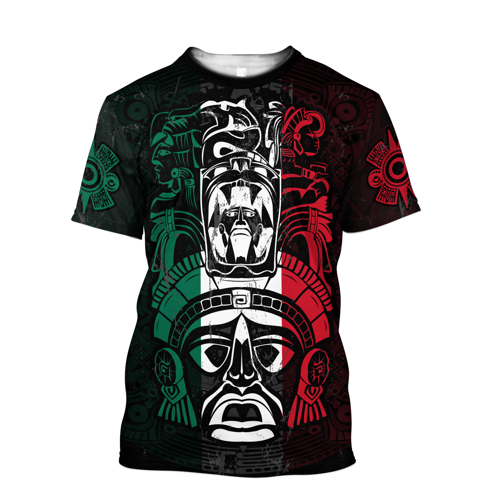 3D All Over Print Ancient Aztec Maya Ceremony Mask, Mexico Flag Shirt