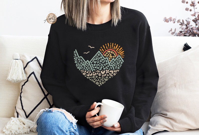 Mountain Heart Sweatshirt, Camping Sweatshirt, Mountain Silhouette Sweatshirt, Mountain Sweatshirt, Nature Sweatshirt, Sunset Sweatshirt