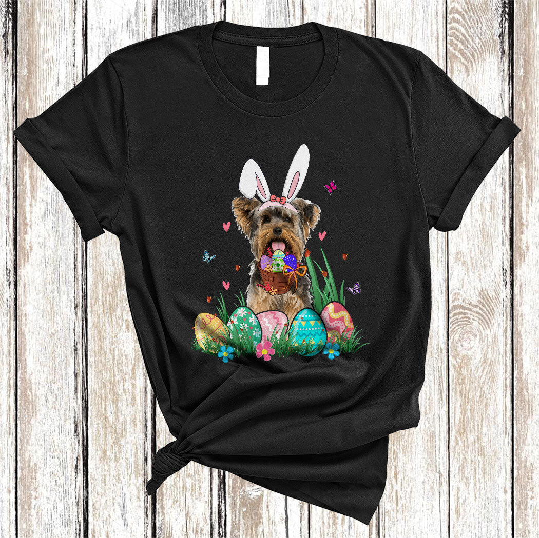 Bunny Yorkshire Terrier Dog With Easter Egg Basket Funny Easter Day Flower Egg Hunt Dog T-Shirt