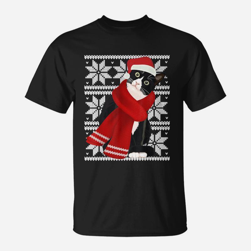 Ugly Christmas Black Cat Santa Hat Scarf Holiday Cute Tshirt V2 Men Women T-Shirt Graphic Print Casual Unisex Tee