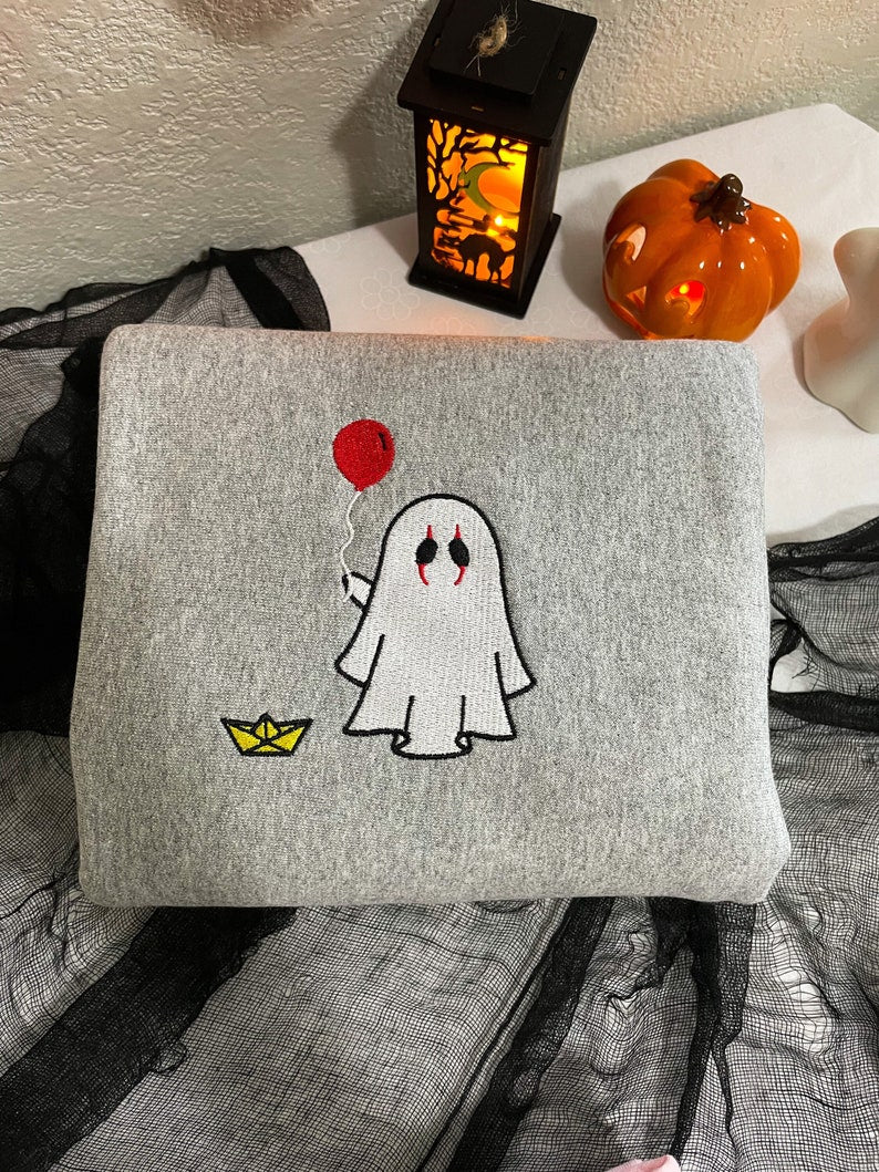 Ghost With Balloon Halloween Embroidered Sweatshirt 2D Crewneck Sweatshirt All Over Print Sweatshirt For Women Sweatshirt For Men Sws4464